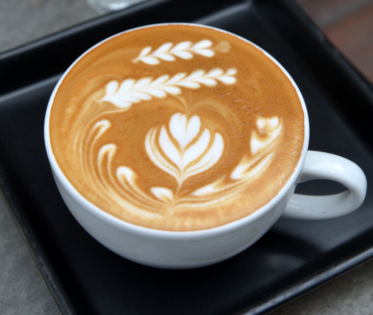 A latte with leaf art in a white cup