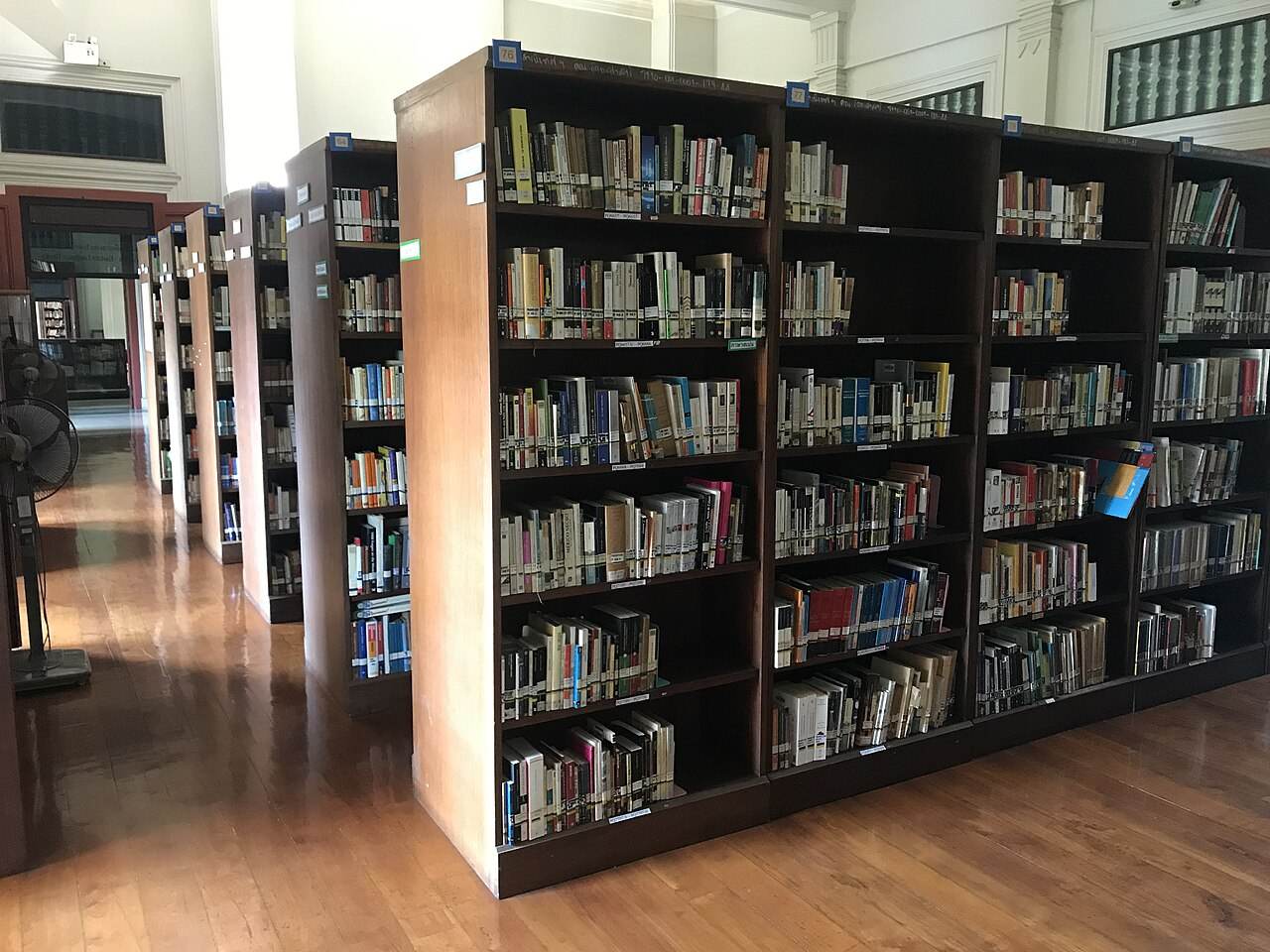 Rows of library bookshelves