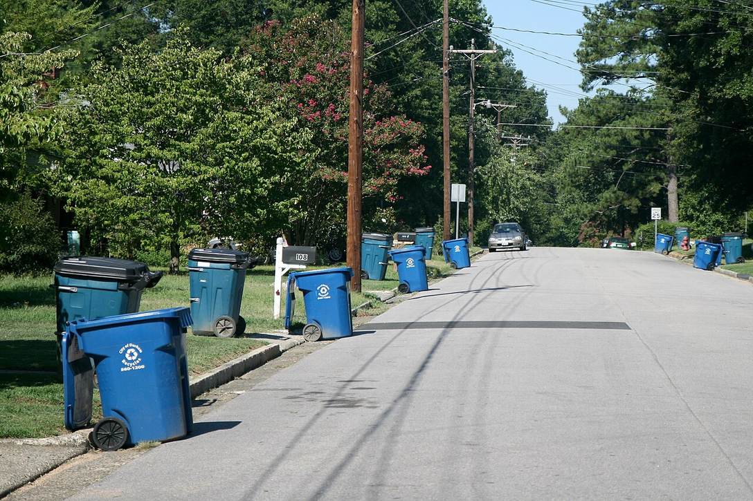 Trash and recycling bins set out along a street
