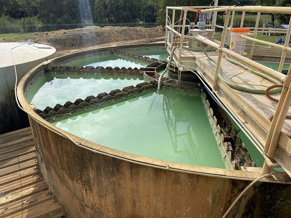 A round clarifier tank at a water treatment plant